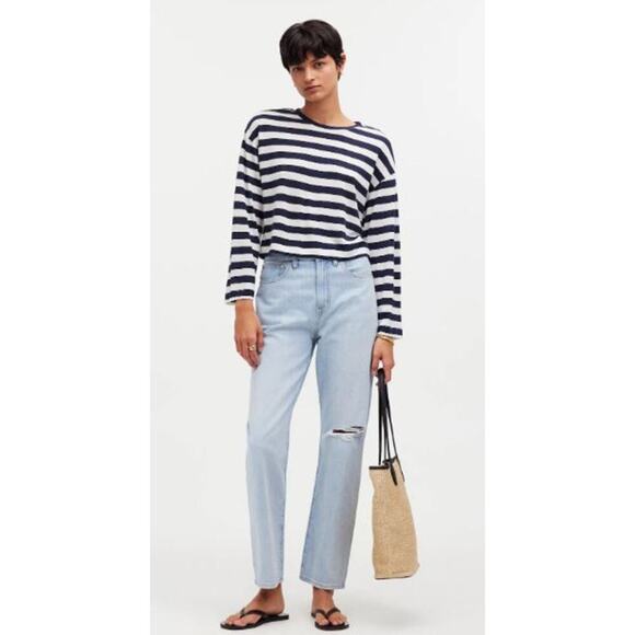 Madewell Stripe Drop-Shoulder Pullover Crop Tee NR337 Dark Nightfall Size S NWT - Picture 2 of 5